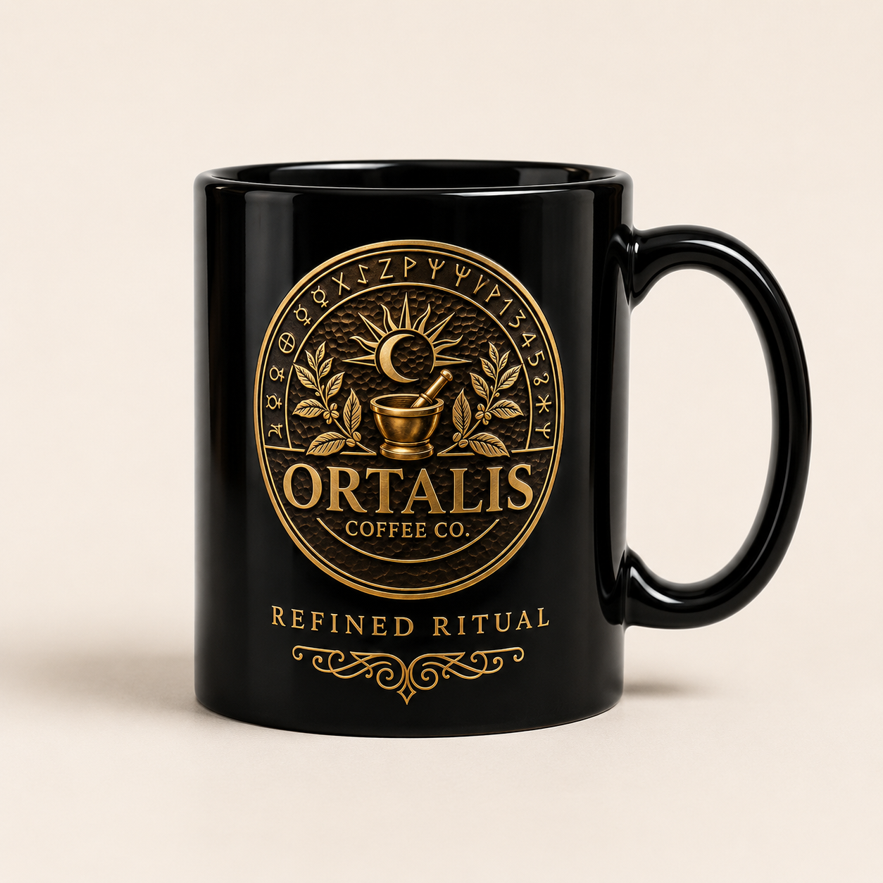 Ortalis Alchemy Ritual Mug – Black Ceramic, 15 oz