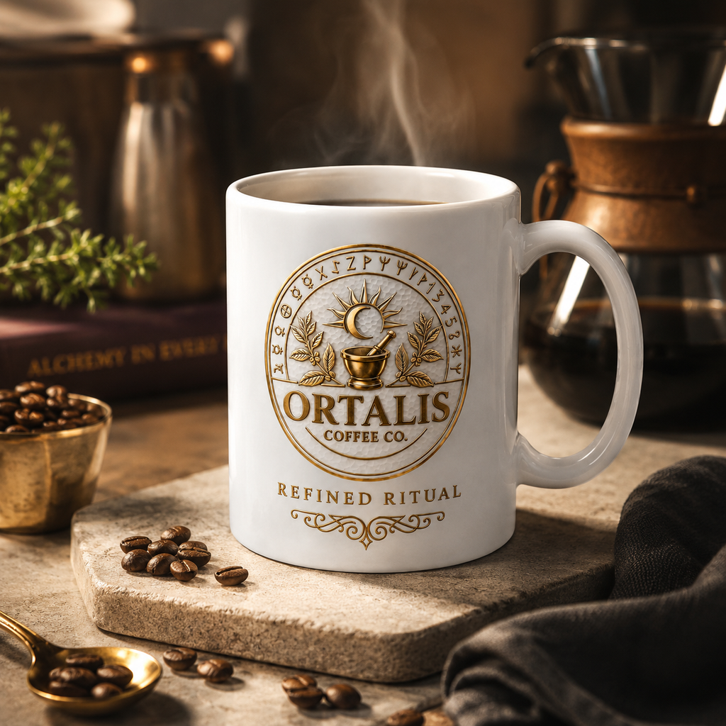 Ortalis Alchemy Ritual Mug – White Ceramic, 15 oz