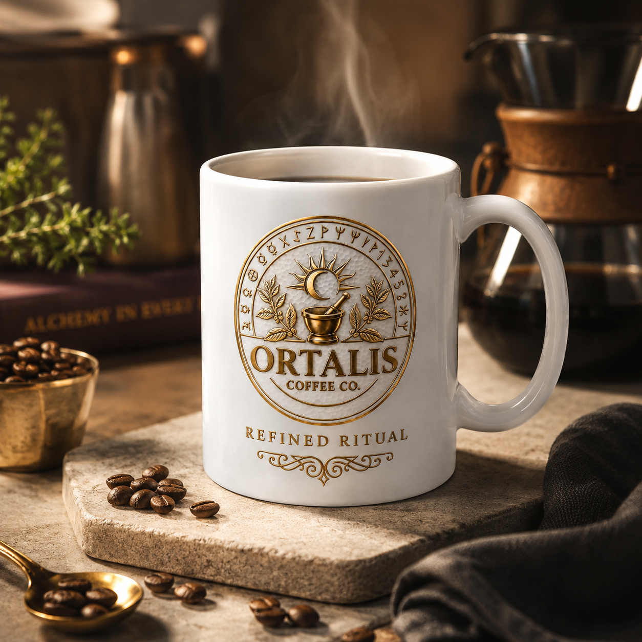 Ortalis Alchemy Ritual Mug – White Ceramic, 15 oz