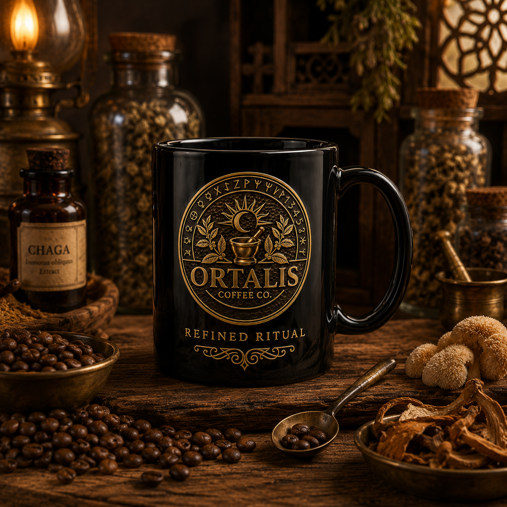 Ortalis Alchemy Ritual Mug – Black Ceramic, 15 oz
