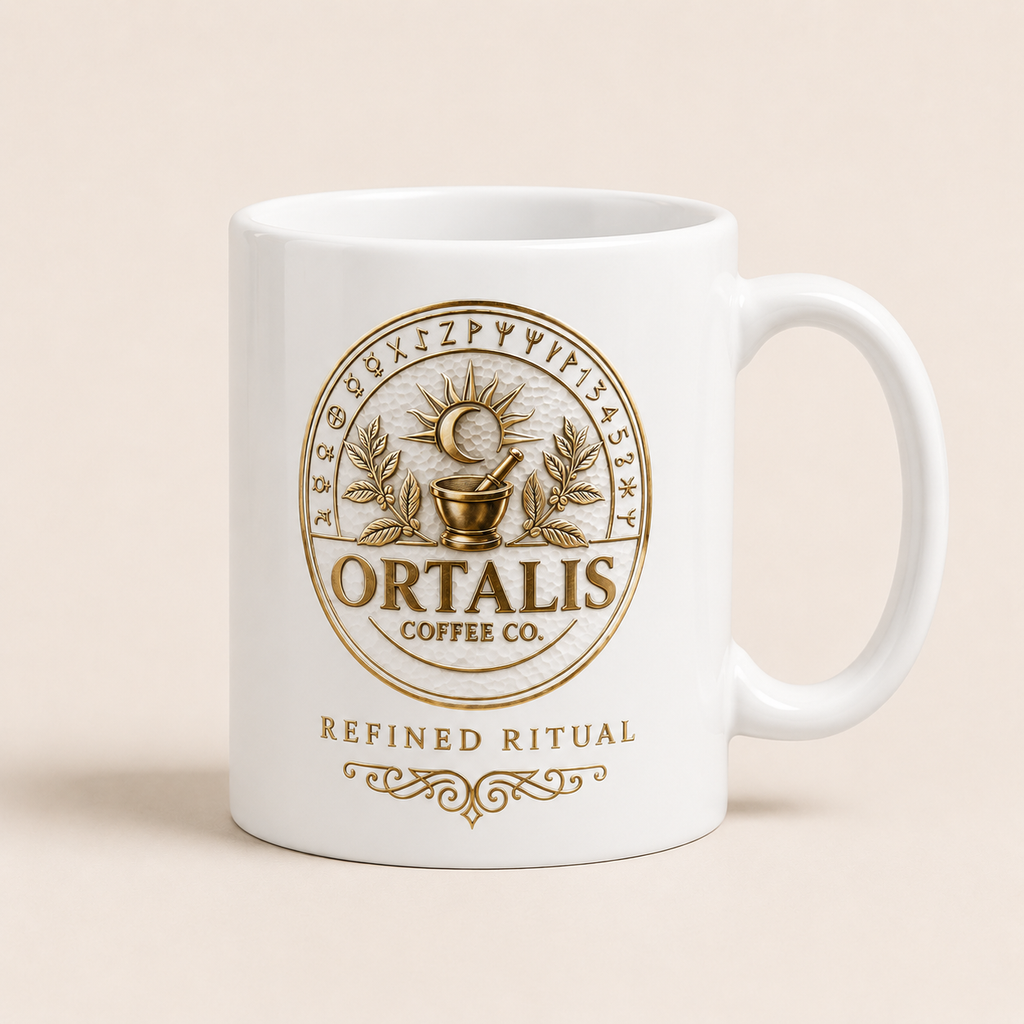 Ortalis Alchemy Ritual Mug – White Ceramic, 15 oz